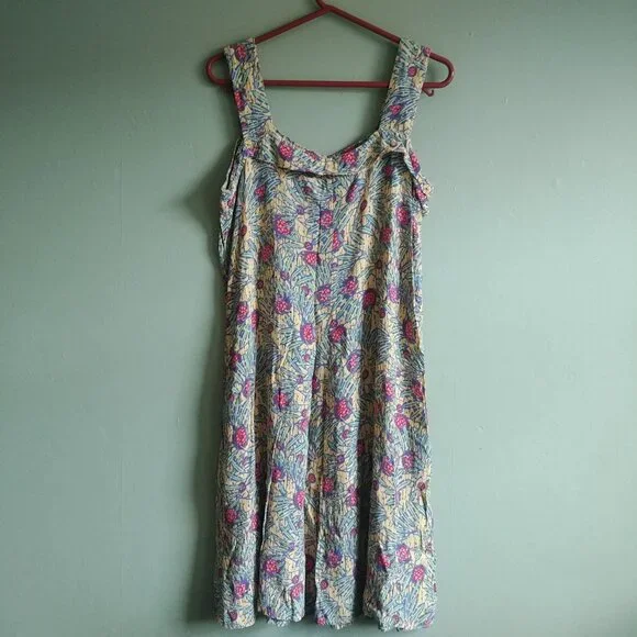 Flax Large yellow sleeveless dress with pink and green - Picture 8 of 12
